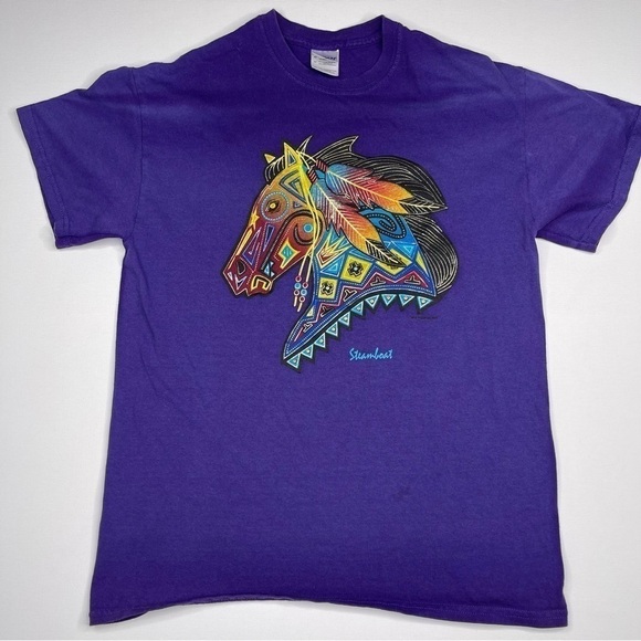 Vintage Tops - Vintage Gildan Tee Horse Equestrian Tribal Feather Purple Western Southwest